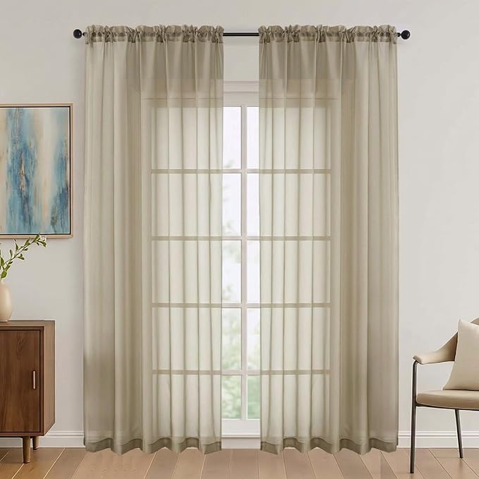 Taupe Sheer Curtains 84 Inches Long 2 Panels Set, Light Filtering Sheer Curtains by OVZME