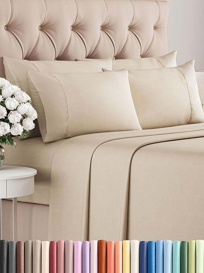 Cal King 6 Piece Sheet Set - Comfy Breathable & Cooling - Ultra-Soft Hotel Luxury Bedding Set with 8-16 Inch Deep Pockets - 1 Flat & 1 Fitted Sheet & 4 Pillowcases - Wrinkle Free & Easy Care - Wheat