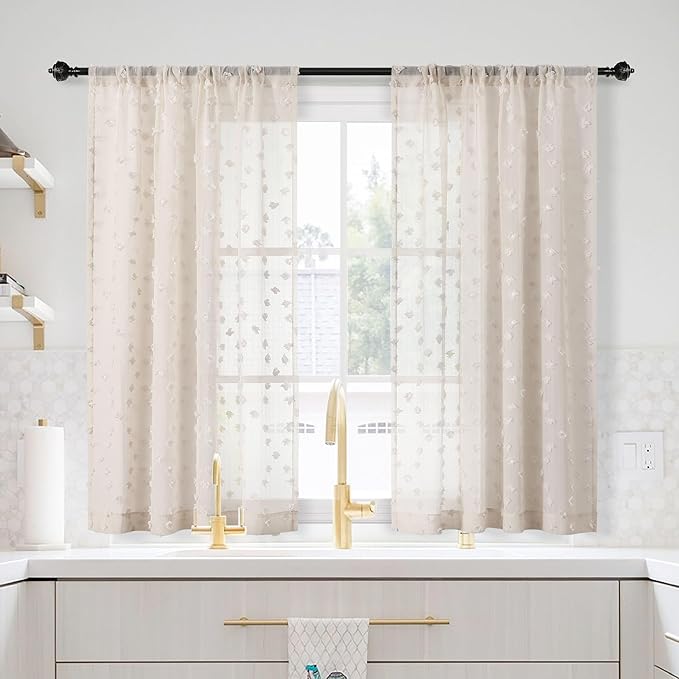 MYSKY HOME Beige Sheer Short Curtains with Pom Pom for Small Windows Bedroom Nursery Kids Girls Room Curtains Cafe Kitchen Light Filtering Boho Drapes, Rod Pocket,52 x 54 Inches, 2 Panels