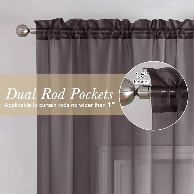 Chocolate Sheer Curtains 72 Inches Long 2 Panels, Rod Pocket Voile Light - Image 2