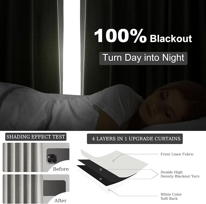 Grey Linen Blackout Curtains 95 Inch Long 2 Panels Back Tab Thermal Insulated - Image 4