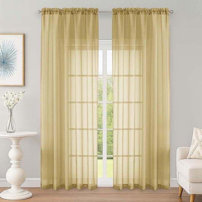 Gold Sheer Curtain 90 Inches Long 2 Panels Set, Solid Filmy Drapes by OWENIE