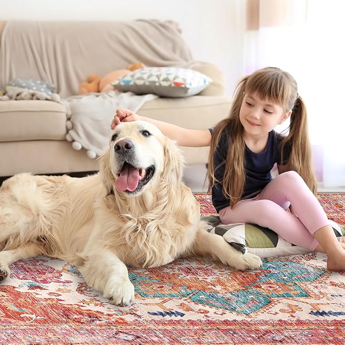 Yamaziot Washable Area Rug, 4x6 Non-Slip Boho Living Room Bedroom Rug | Stain - Image 8