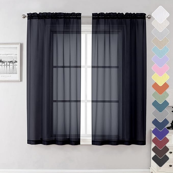 Black Sheer Curtains 63 Inch Length 2 Panels, Elegant Voile Drapes by Lecloud