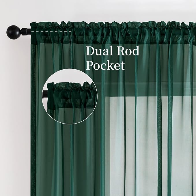 MIULEE Hunter Green Sheer Curtains 54 X 54 Inches, 2 Panels | Solid Color - Image 3