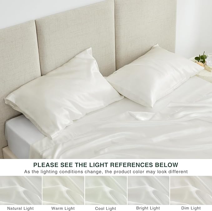 Love's cabin Twin XL Satin Sheet Sets - 3 Piece Ivory Silky Bed Sheets with Deep Pockets, Luxury Silk Feel Satin Sheet Set Twin XL (1 Flat Sheet,1 Fitted Sheet,1 Pillow case)