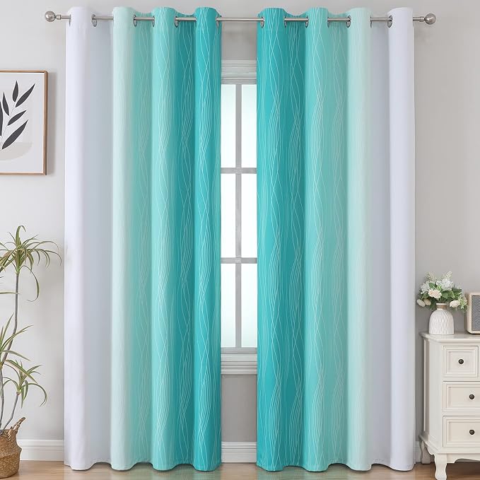 Teal and Grayish White Ombre Blackout Curtains - Image 2