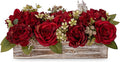 Flower Arrangement with Wooden Vase 14" Artificial Flowers in Pot - Fake Flowers Roses Peonies Hydrangeas in Wooden Vase Potted Artificial Flower Centerpieces for Table Decor Living Room - Red