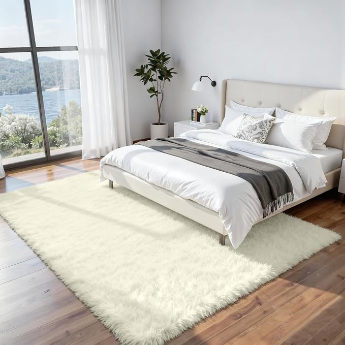 8x10 Fluffy Shag Area Rugs for Living Room Bedroom: Soft Carpet Cream White | - Image 2