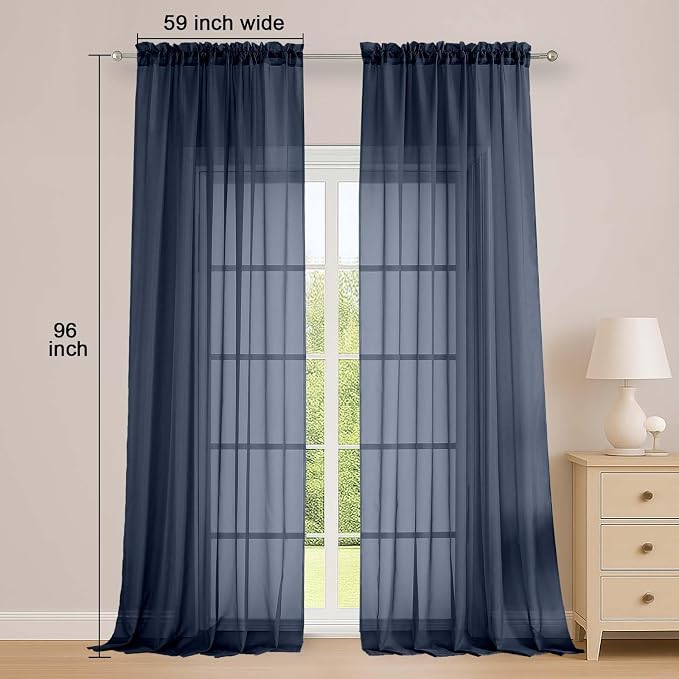 Extra Long Navy Blue Sheer Curtains 96 Inches Long 2 Panels Set, Soft - Image 2