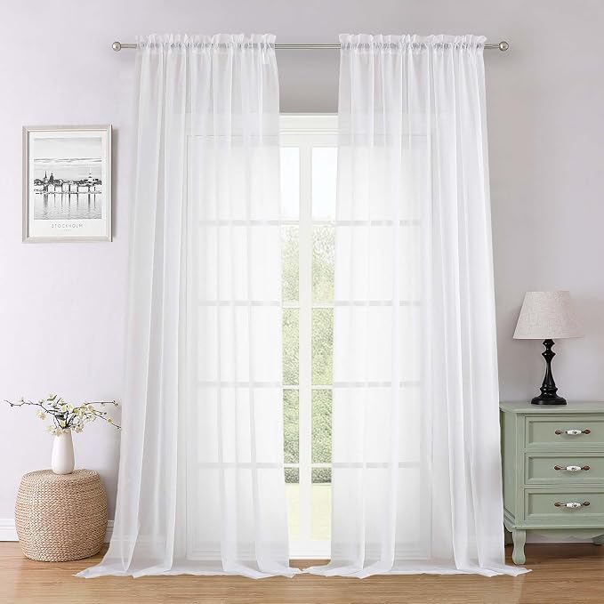 Sheer White Curtains 96 Inches Long 2 Panels Set, Solid Airy Voile Dual Rod by Lecloud