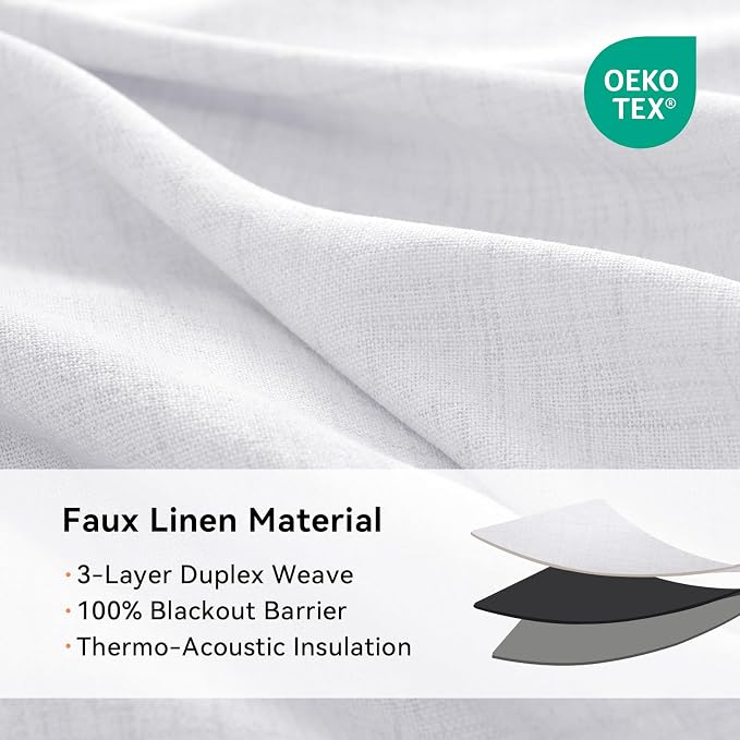 100% Blackout Linen Textured Curtains 72 Inch Long, Bright White | 100% - Image 4