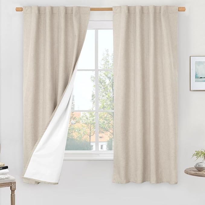 Oatmeal 100% Blackout Linen Curtains 63 Inches by LAMIT
