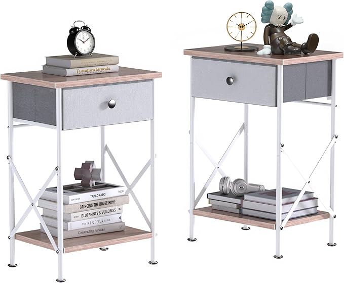 VECELO Nightstand with Drawer, Set of 2, Small Bedside Table with Storage and Adjustable Metal Legs, Wood End Table for Bedroom or Living Room, Perfect for Small Spaces and Modern Décor, Light Brown