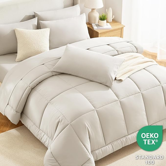 CozyLux Twin Comforter Set with Sheets Beige, 5 Pieces Bed in a Bag, Beige Comforter Twin Size, All Season Bedding Set with Stitch Quilted Comforter, Flat Sheet, Fitted Sheet, Pillowcases