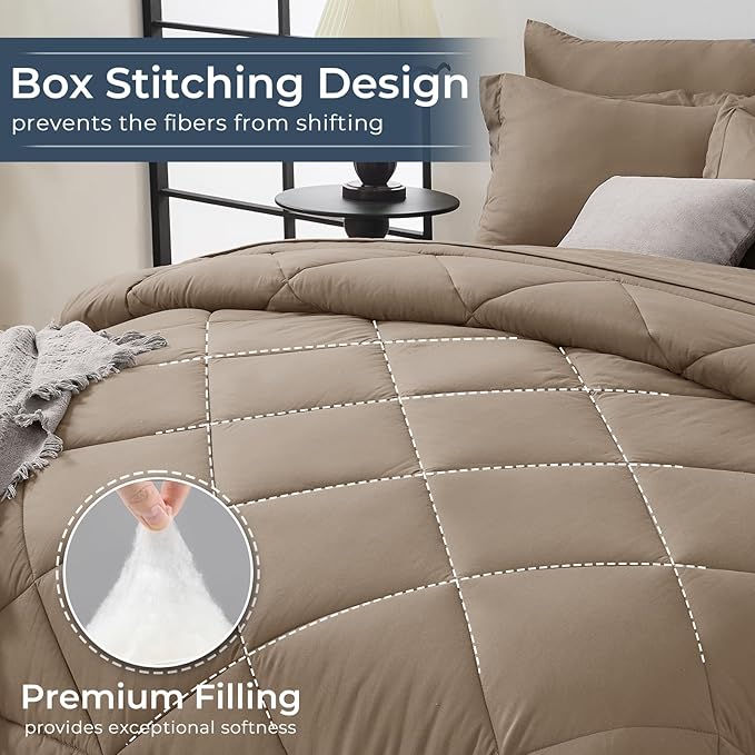 HEVUMYI Khaki King Comforter Set - 7-Piece All Season Bed in a Bag King, Ultra Soft Bedding Set with Comforter, Flat Sheet, Fitted Sheet, Pillowcases, Pillow Shams