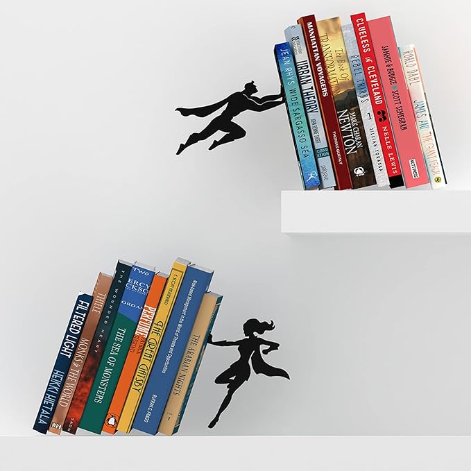 Artori Design Book Ends to Hold Books Heavy Duty Hidden Metal Bookends for Shelves Bookend Book Holder for Home Decorative Gift for Book End Lovers and Home Décor (Supergal+Book&Hero)
