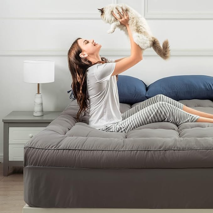 Marine Moon Mattress Topper King Cooling Bed Topper, Extra Thick Soft Mattress Pad Cover, Plush Hotel Quality Down Alternative Pillow Top Mattress Topper for Back Pain Relief with Deep Pocket, Grey