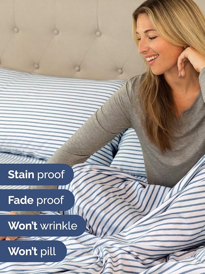 Extra Deep Queen Sheet Set - 6 Piece Breathable and Cooling Sheets - Hotel Luxury Bed Sheets Set - Easy Fit - Soft, Wrinkle Free and Comfy Sheets Set - Blue Striped Sheet Set with Extra Deep Pockets