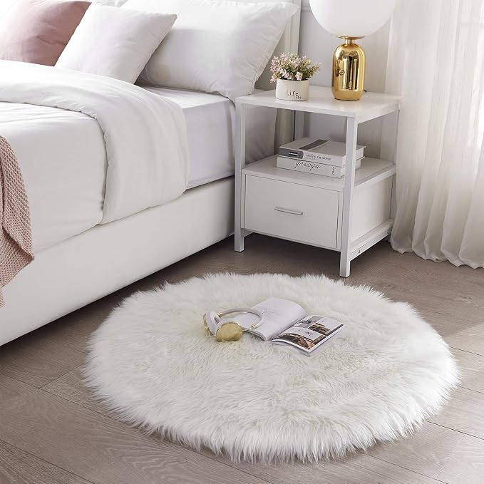 SERISSA 3x3 Fluffy White Round Faux Fur Area Rug - Image 2