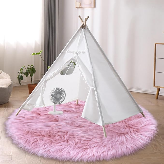 4 Ft Fluffy Round Pink Rugs for Bedroom Girls, Plush Faux Sheepskin Fur Rug for - Image 7