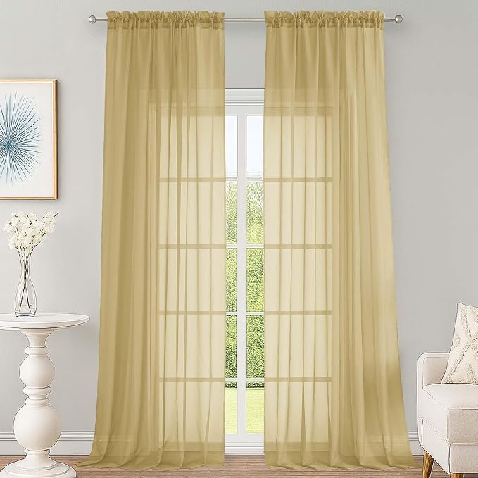 Gold Sheer Curtains 120 Inches Long 2 Panels Set, Airy Lightweight Sheer Gold by OWENIE