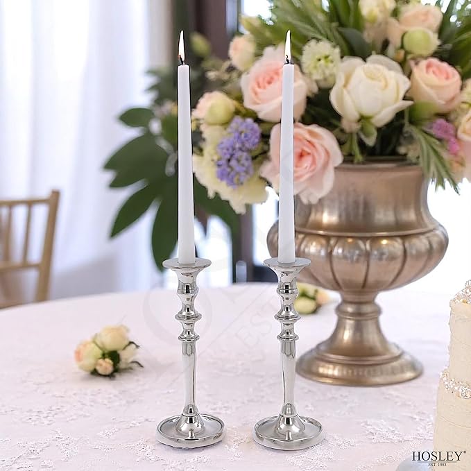 Hosley Set of 2 Silver Finish Taper Candle Holder 8" High. Ideal Gift and Use for Weddings, Party, Spa or Aromatherapy W1