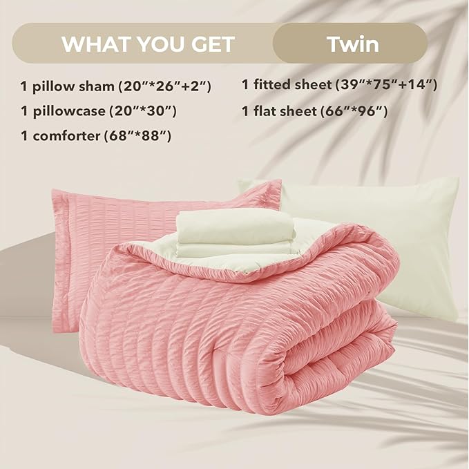 HYMOKEGE Pink/Ivory Twin Comforter Set Seersucker 5 Pieces, All Season Luxury Bed in a Bag for Bedroom, Bedding Set with Comforter, Sheets, Pillowcase & Sham
