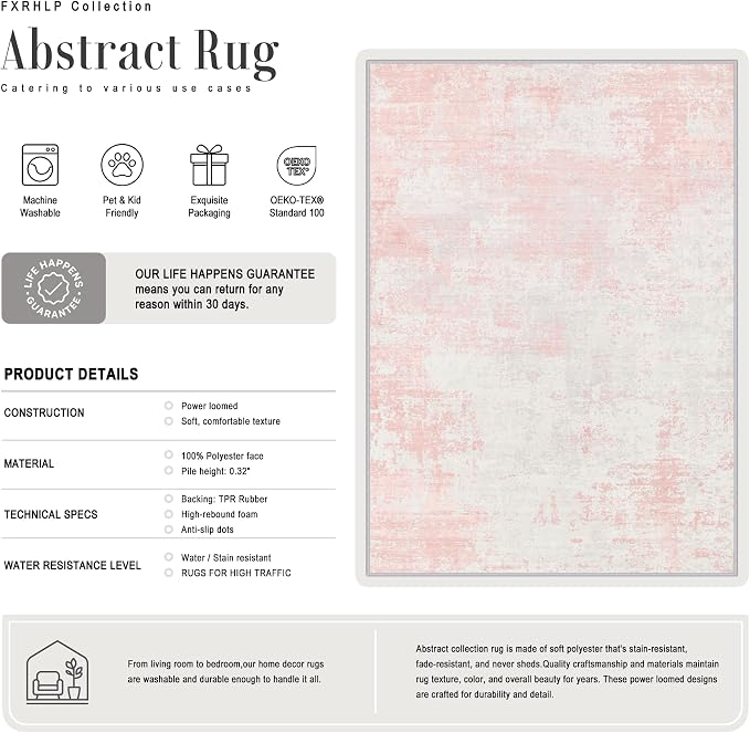 Area Rug Living Room: 6x6 Modern Washable Soft Carpet Pink White | - Image 3