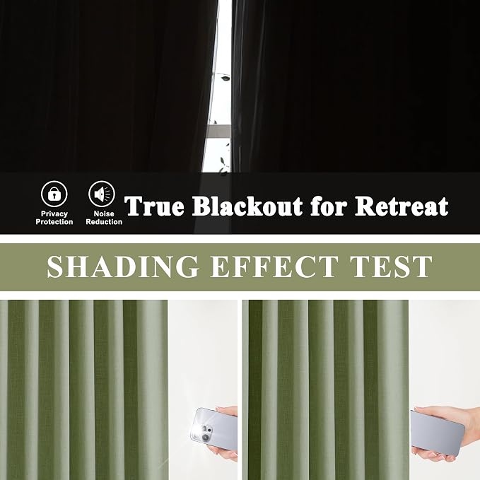 Vision Home Dark Green Pinch Pleated Full Blackout Curtains Linen Blended Room - Image 3