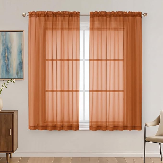 Orange Sheer Curtains 63 Inches Long 2 Panels Set, Light Filtering Sheer by OVZME