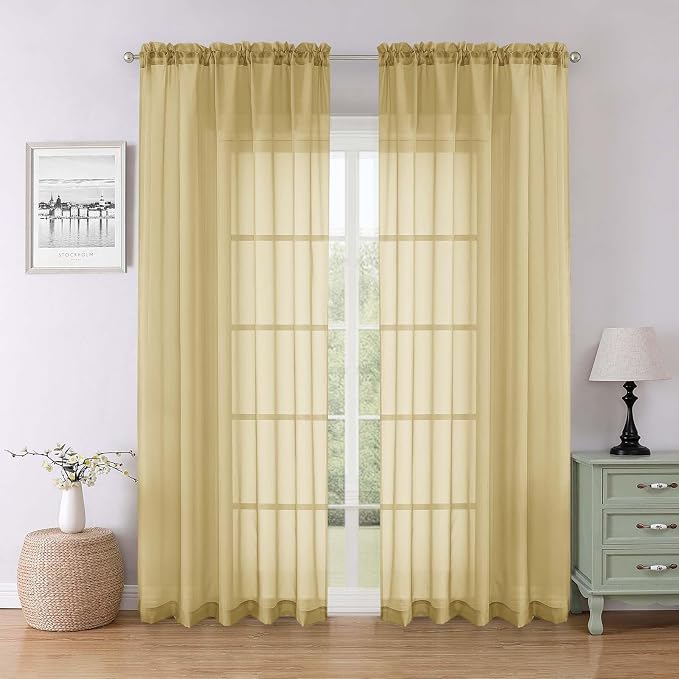 Gold Sheer Curtains for Bedroom 84 Inches Long 2 Pcs, Light Filtering Airy by Lecloud
