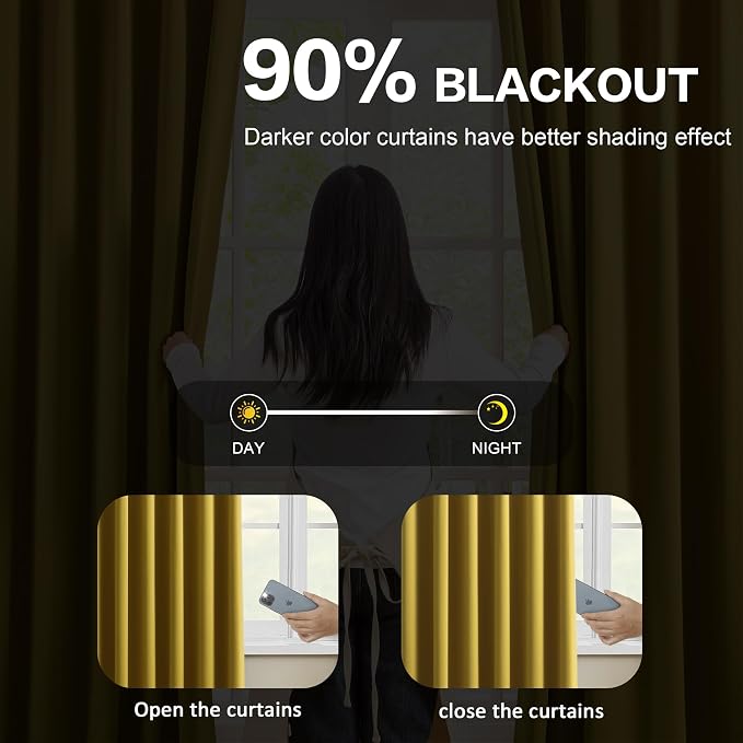 Yellow Pinch Pleated Curtains 45 Inch Length 2 Panels Set Noise Cancelling - Image 3