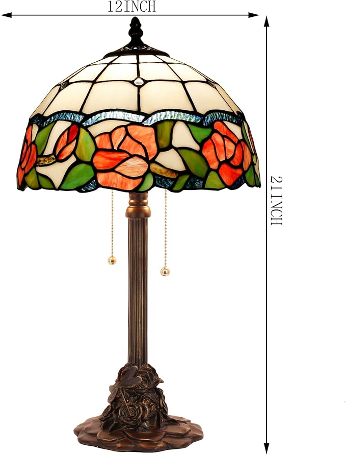 Tiffany Stained Glass Table Lamp 12X12X21Inch Resin Base Desk Bedroom Living Room Reading Light (red Rose)