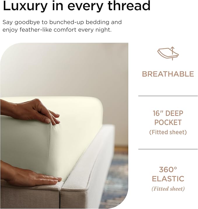 Threadmill Luxury 800 Thread Count King 100% Cotton Sheets - Ivory Sateen Weave Bed-Sheets, Better Than Egyptian Cotton, 4 Pc Solid Soft Bed Set, Fits 16" Deep Pocket
