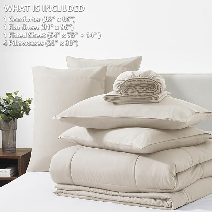 CozyLux Full Size Comforter Sets Beige, 7 Pieces Bed in a Bag, Beige Comforter Full Size, All Season Bedding Sets with Stitch Quilted Comforter, Flat Sheet, Fitted Sheet, Pillowcases