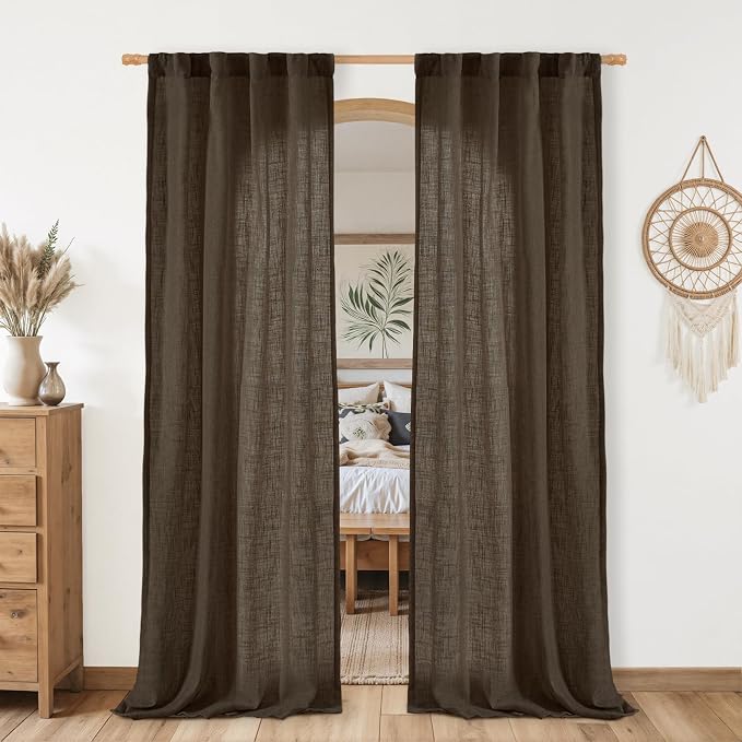 Dark Brown Linen Boho Curtains 80 inch Length 2 Panels, 34 x 80 Inch | Light by LAMIT
