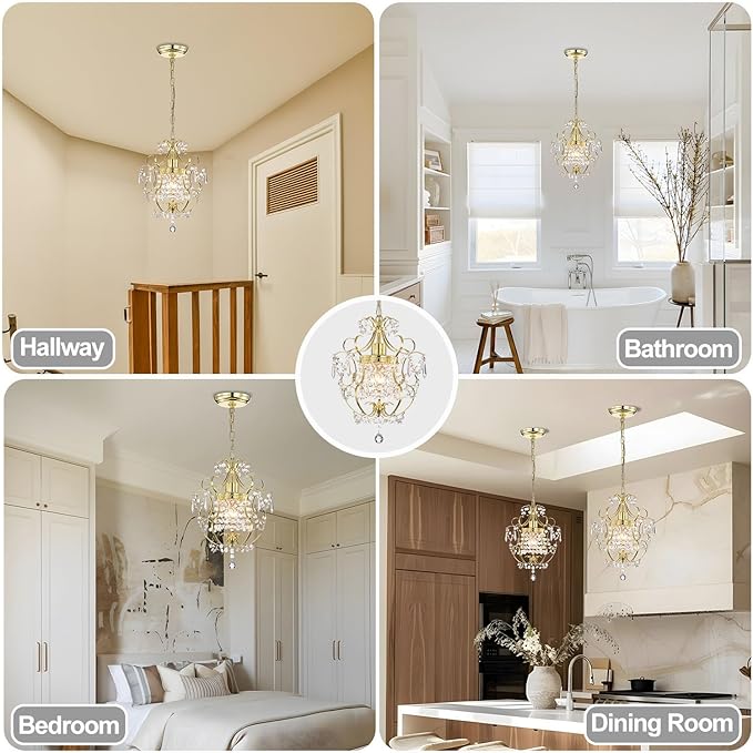 Small Crystal Chandelier for Bedroom, 90% Pre-Assembled 1 Light Gold Chandelier, Mini Acrylic Crystal Ceiling Light Fixture Charming for Girls Room, Closet, Bathroom, Entryway, Dining Room