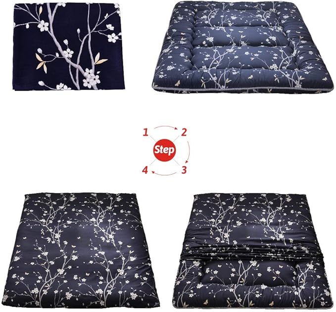 MAXYOYO Japanese Futon Mattress Floor Mattress Sleeping Pad Foldable Bed Roll Up Camping Cushion Floor Lounger Bed Couches and Sofas Couch Topper, Navy Floral, Full Size