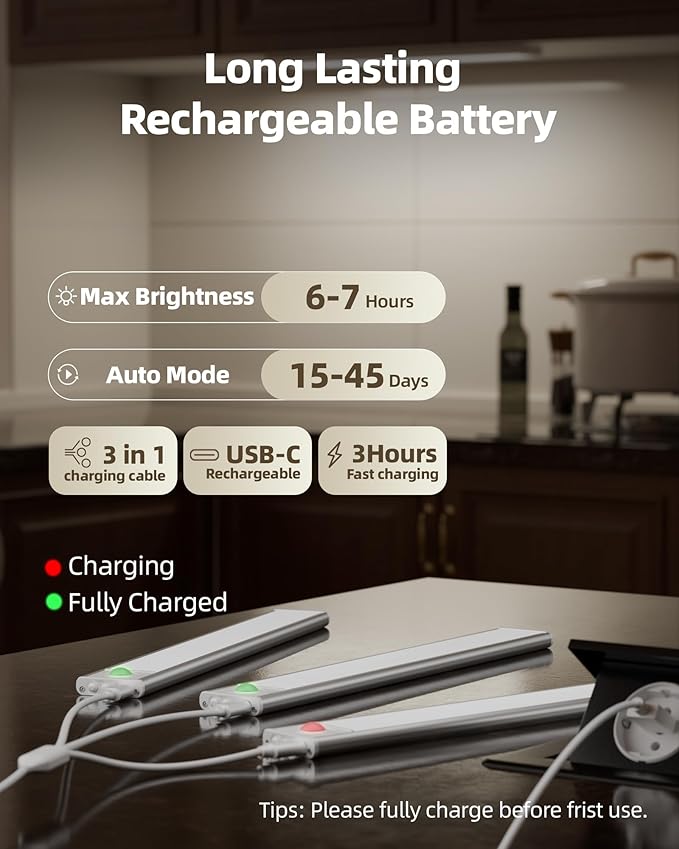 Under Cabinet Lighting Wireless,Rechargeable Battery Motion Sensor Light Indoor,LED Closet Lights USB Charging,3 Color Dimmable Under Cabinet Lights for Kitchen, Cabinet, Wardrobe (3 Pcs)12in