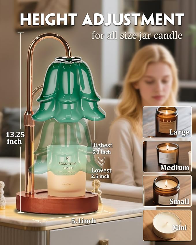 Green Candle Warmer Lamp with Timer & Dimmer, Adjustable Height Birthday Gifts for Women Mom, Flower Candle Lamp Warmer, Wax Warmer with 2 Bulbs, House Warming New House Decorations