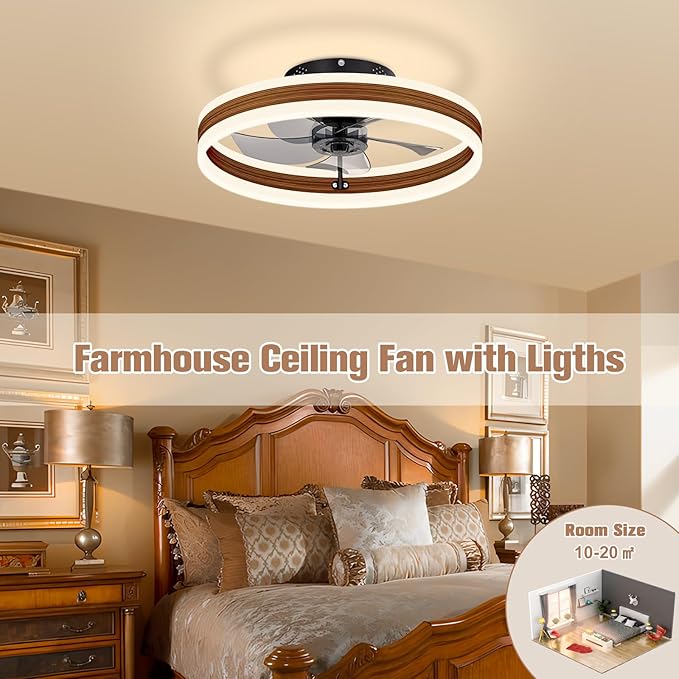 VOLISUN Fandelier Ceiling Fans with Lights and Remote, 15.7in Farmhouse Ceiling Fan Flush Mount, 3000K-6500K Dimmable Bladeless Ceiling Fan with Light, Modern Ceiling Fans with Lights for Bedroom