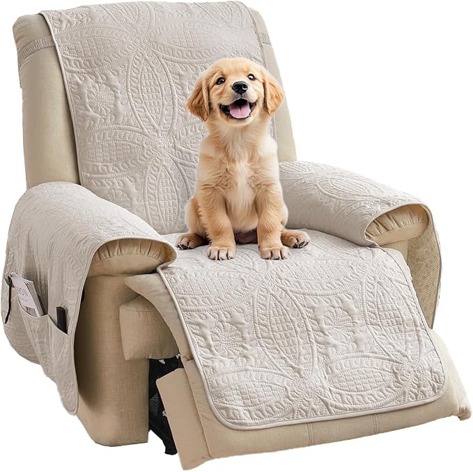 Beige Quilted Recliner Chair Covers, Water-Repellent Recliner Slipcovers by Pamhaven