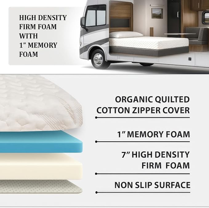 Foamma 7" x 48" x 80" Camper/RV Travel Gel Memory Foam Bunk Mattress, Organic Cotton Cover, Made in USA, Comfortable, Travel Trailer, CertiPUR-US Certified Foam