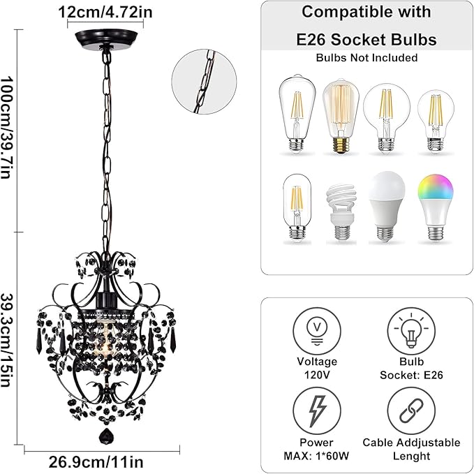Black Chandelier Small Crystal Chandelier Lighting Modern Mini Hanging Light Fixtures with 1 Light