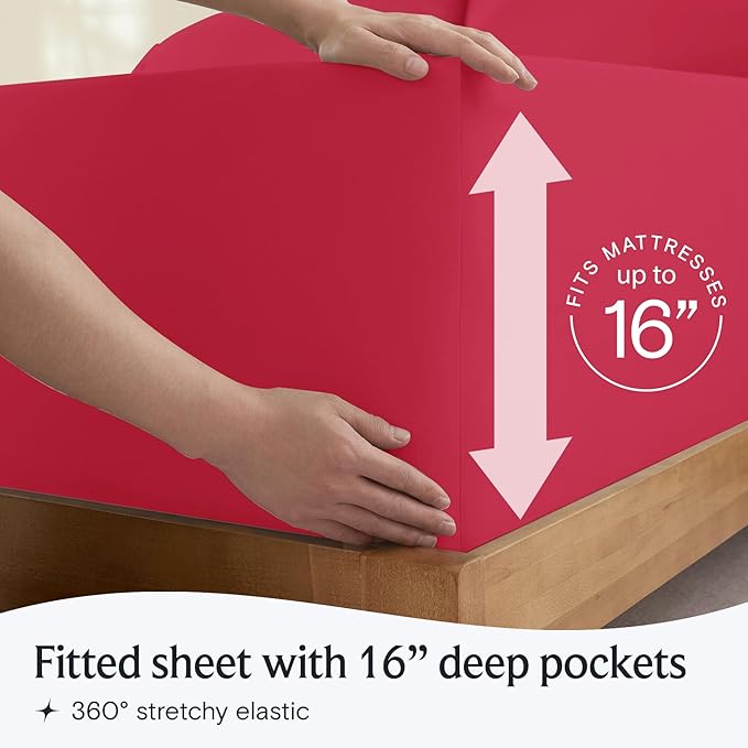 LuxClub 5 PC Sheet Set Bed Sheets Deep Pockets 16" Eco Friendly Wrinkle Free Cooling Machine Washable Hotel Bedding Silky Soft - Red Split King