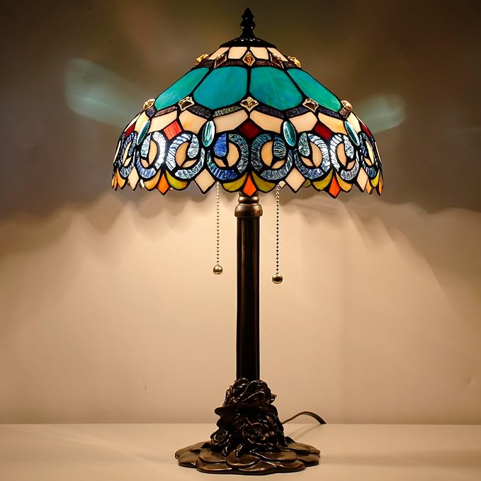 Tiffany Stained Glass Table Lamp 12X12X21Inch Resin Base Desk Bedroom Living Room Reading Light (Blue Jewelry Baroque)