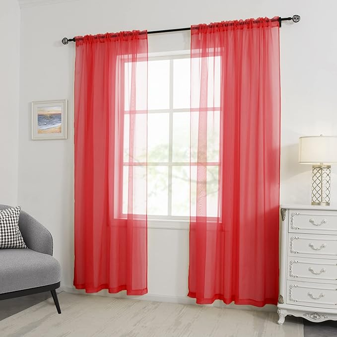 HUTO Christmas 2 Panels Red Sheer Window Curtains 52 by 72 Inches Long Rod Pocket Voile Curtains Sheer Panels Drapes for Bedroom Living Room
