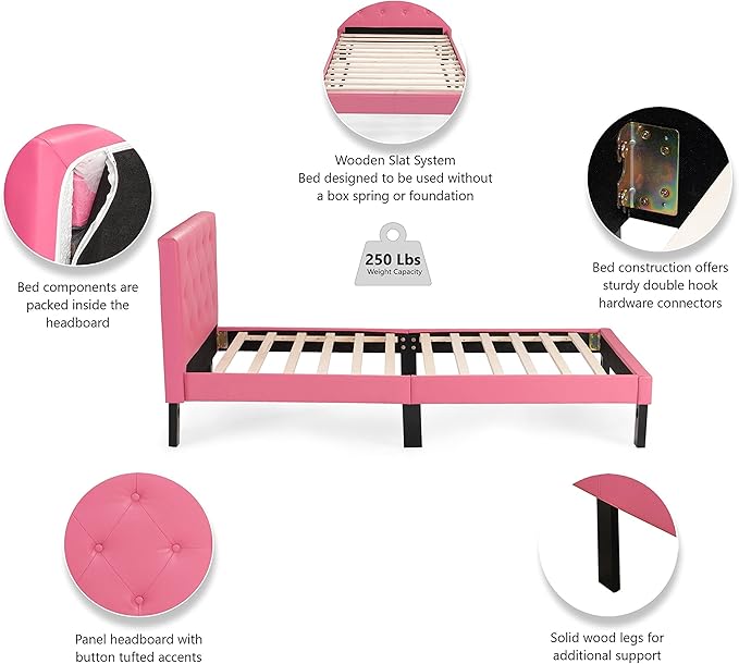 Poundex PU Upholstered Platform Bed, Twin, Pink