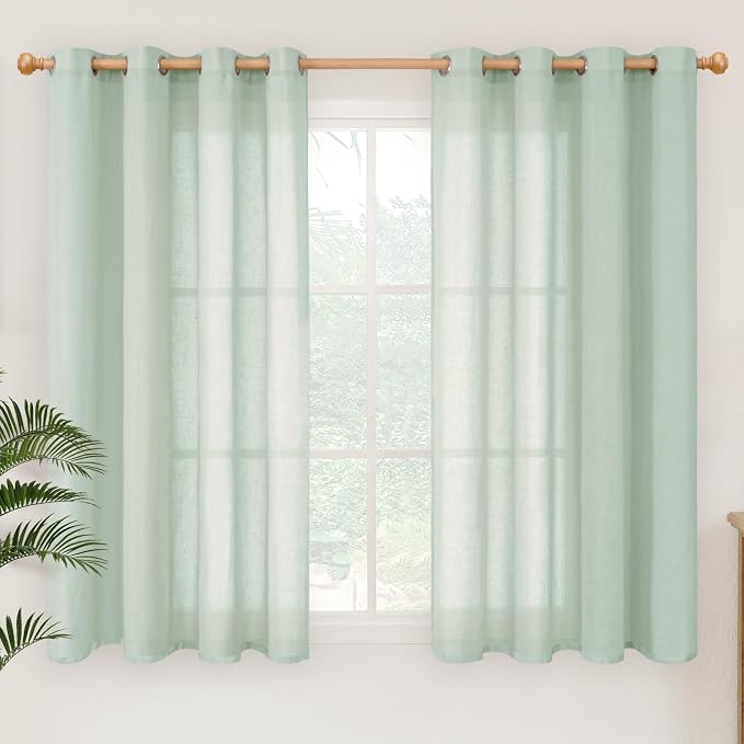 YoungsTex Light Green Linen Semi Sheer Curtains 45 Inch Length, Short Drapes by YoungsTex